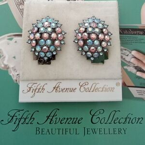 Blue Pink Swarovski Crystals Clip Earrings